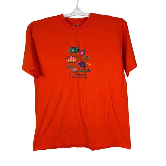 Yazbek XL Orange Cozumel T-Shirt With Embroidered Fish Design 100% Cotton - Picture 1 of 7
